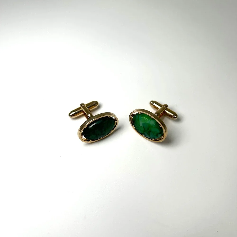 Vintage Gold Tone Green Marbled Semi Precious Oval‎ Cufflinks Mid Century Modern